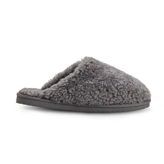 Ladies Grey Curly Wool Sheepskin Mule Slippers