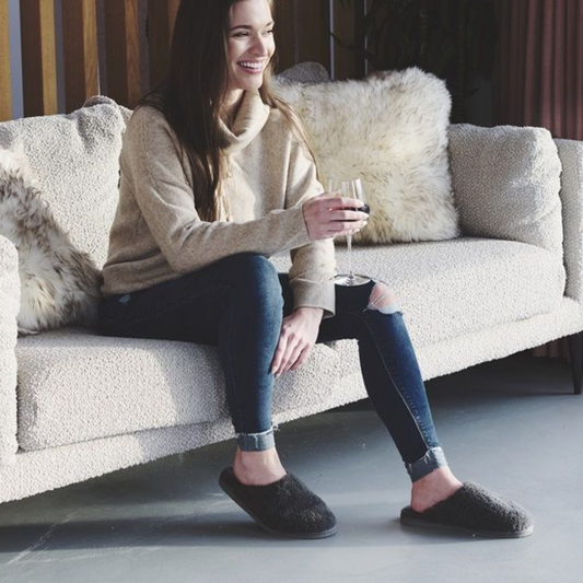 Ladies Grey Curly Wool Sheepskin Mule Slippers